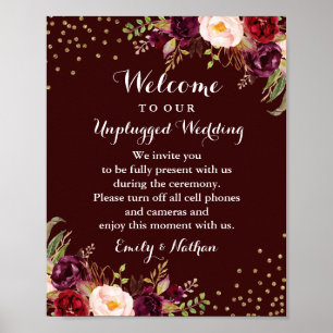 Burgundy Gold Floral Unplugged Wedding Sign