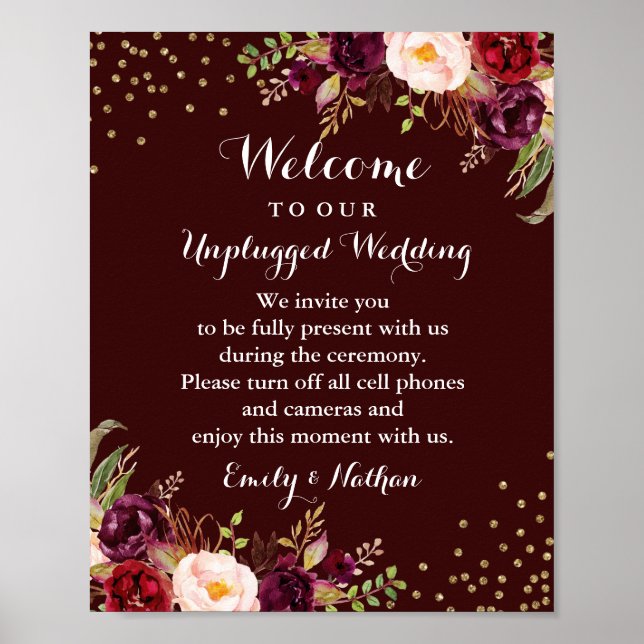 Burgundy Gold Floral Unplugged Wedding Sign (Front)