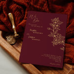 Burgundy Gold Floral We Do Wedding Invitation<br><div class="desc">This burgundy gold floral we do wedding invitation features a gorgeous sophisticated dark merlot backdrop with elegant gold calligraphy and gilded floral embellishments. The jewel-tone colour story and the golden botanical boho accents together with minimal delicate script create a regal and romantic modern aesthetic that strikes a perfect balance between...</div>