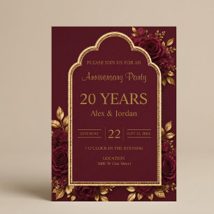 Burgundy & Gold Floral Wedding Anniversary Invitation