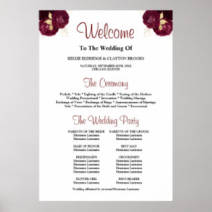 Burgundy/Gold Floral Wedding Ceremony Program Sign