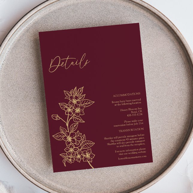 Burgundy Gold Floral Wedding Details Enclosure Card (Creator Uploaded)