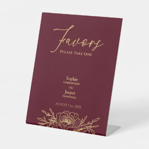 Burgundy Gold Floral Wedding Favours Pedestal Sign
