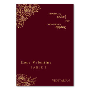 Burgundy Gold Floral Wedding Foldable Place Card