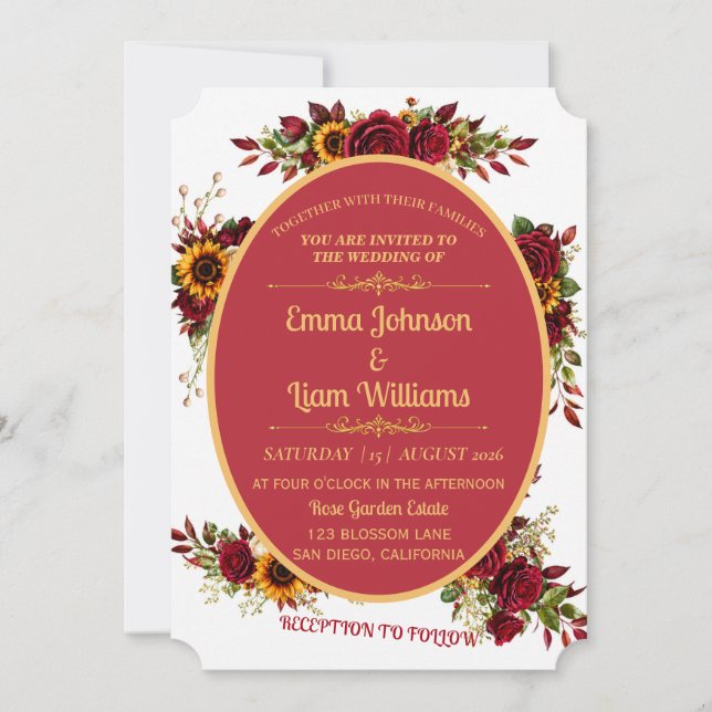 Burgundy Gold Floral Wedding Invitation (Front)