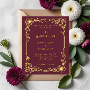 Burgundy gold floral wedding invitation