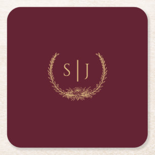 Burgundy Gold Floral Wedding Monogram Square Paper Coaster