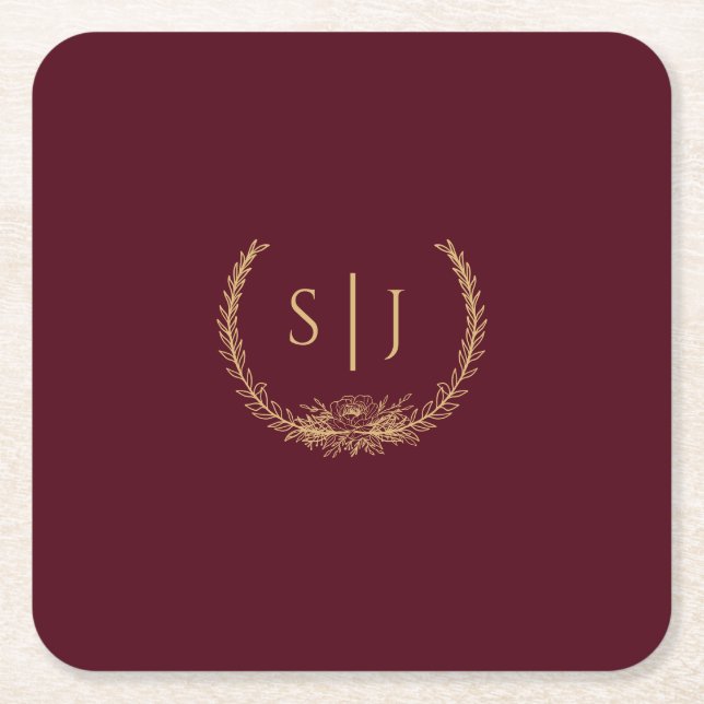Burgundy Gold Floral Wedding Monogram Square Paper Coaster (Front)