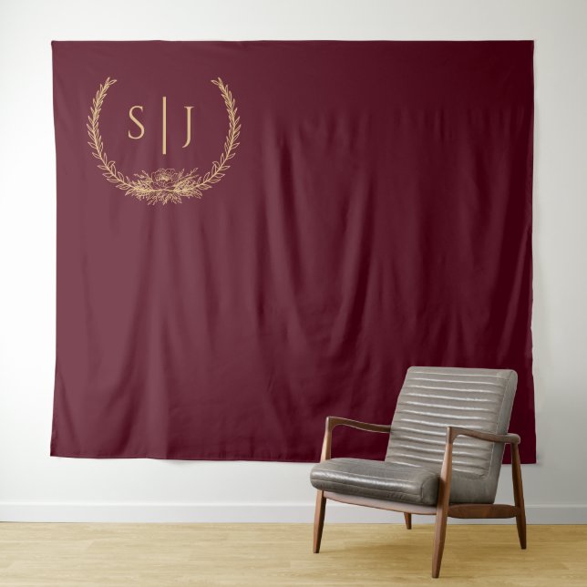 Burgundy Gold Floral Wedding Photo Backdrop Tapestry (In Situ (Horizontal))
