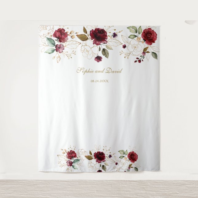 Burgundy Gold Floral Wedding Photo Booth Backdrop Tapestry (Front)