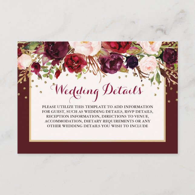 Burgundy Gold Floral Wedding Reception Details Enclosure Card (Front)
