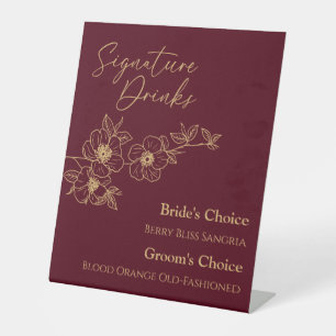 Burgundy Gold Floral Wedding Signature Drinks Sign