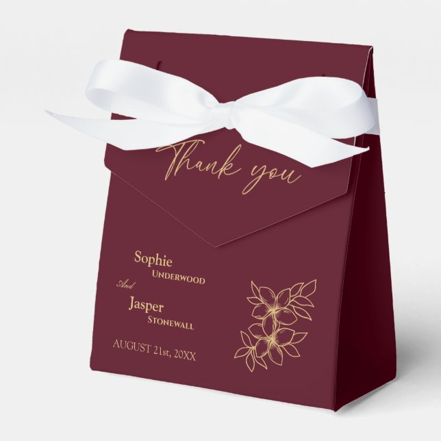 Burgundy Gold Floral Wedding Thank You Favour Box (Front Side)