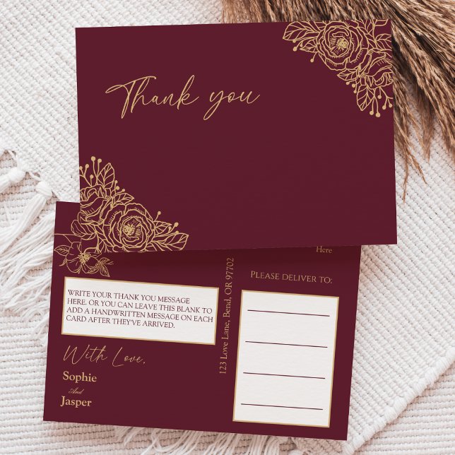 Burgundy Gold Floral Wedding Thank You Postcard (Creator Uploaded)