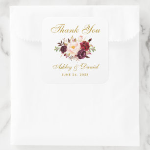 Burgundy Gold Floral Wedding Thank You Sq Square Sticker