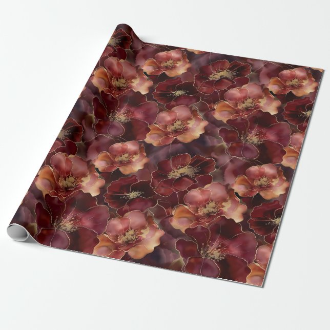Burgundy gold floral  wrapping paper (Unrolled)