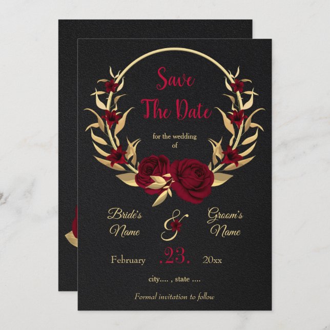 burgundy & gold floral wreath black  save the date (Front/Back)
