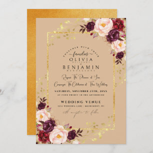 Burgundy Gold Florales Chic Foil Glitter Wedding I Invitation