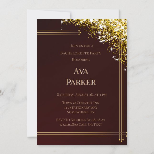  Burgundy Gold Flourish Glitter Bachelorette Party Invitation (Front)