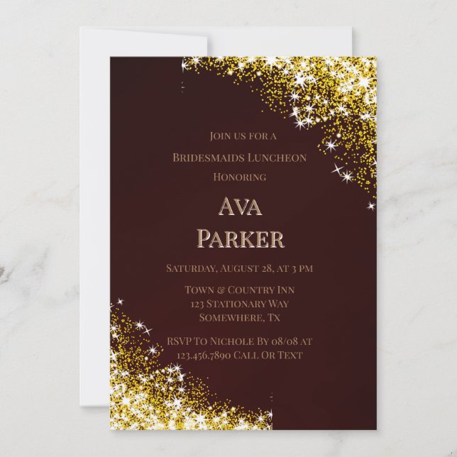  Burgundy Gold Flourish Glitter Bridesmaids Lunch Invitation (Front)