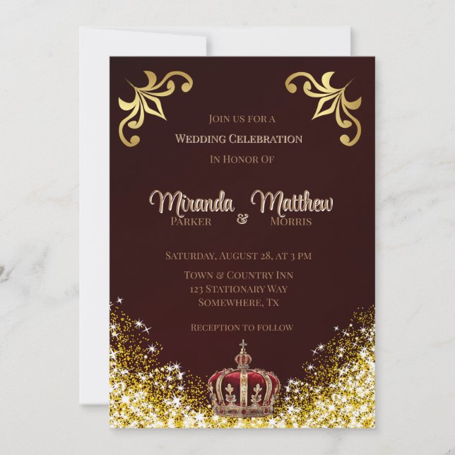 Burgundy Gold Flourish Glitter Royal Wedding Invitation (Front)