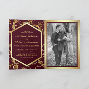 Burgundy Gold Flourish Swirl Photo QR Code Wedding Invitation
