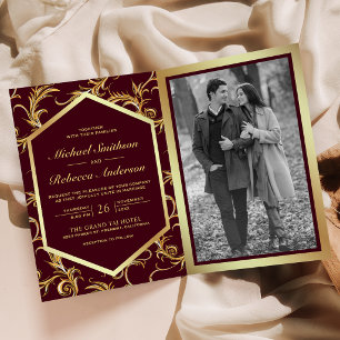 Burgundy Gold Flourish Swirl Photo QR Code Wedding Invitation