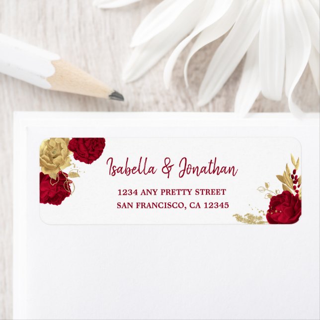 burgundy & gold flowers elegant return address label (Insitu)