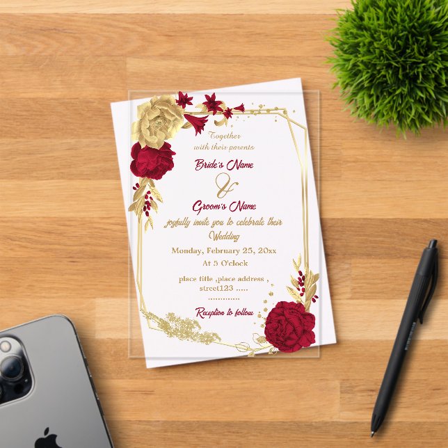 burgundy & gold flowers elegant wreath wedding acrylic invitations (Insitu (Invitation Card))