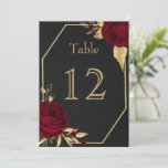 burgundy gold flowers geometric black table number<br><div class="desc">elegant customizable table number card 
 burgundy flowers with some gold leaves black table number card</div>