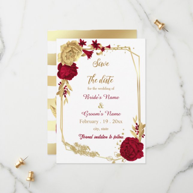 burgundy & gold flowers geometric wedding save the date (Front/Back In Situ)