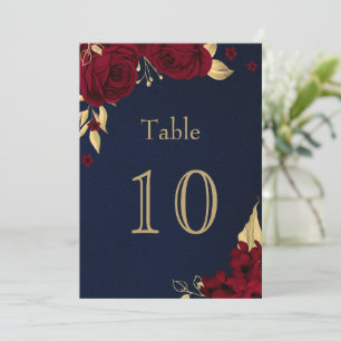 burgundy gold flowers navy blue table number