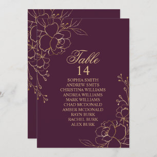Burgundy & Gold Flowers Seating Chart Cards