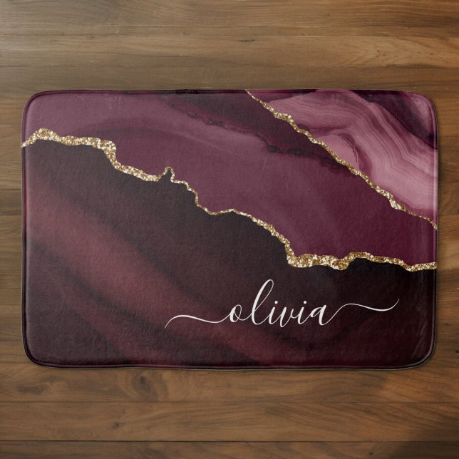 Burgundy Gold Foil Agate Geode Gold Monogram Bath Mat (Creator Uploaded)