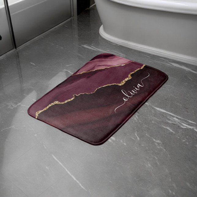 Burgundy Gold Foil Agate Geode Gold Monogram Bath Mat (Creator Uploaded)