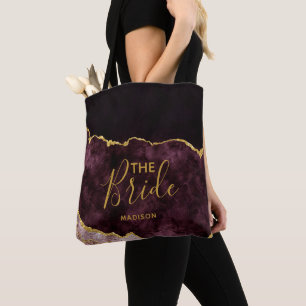 Burgundy & Gold Foil Agate Marble the Bride Tote Bag