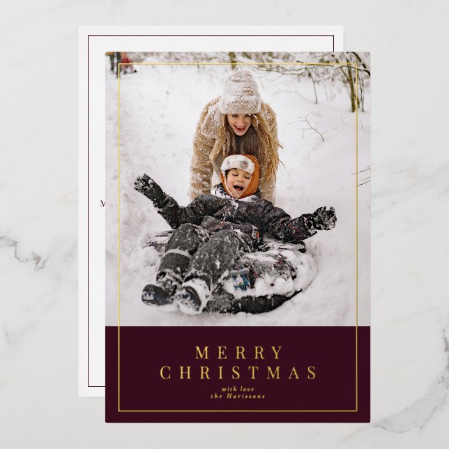 Burgundy gold foil Merry Christmas family photo  Foil Holiday Card (Front/Back)
