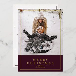 Burgundy gold foil Merry Christmas family photo Holiday Card