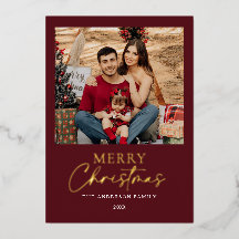 Burgundy Gold Foil Merry Christmas Family Photo