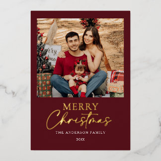Burgundy Gold Foil Merry Christmas Family Photo Holiday Card