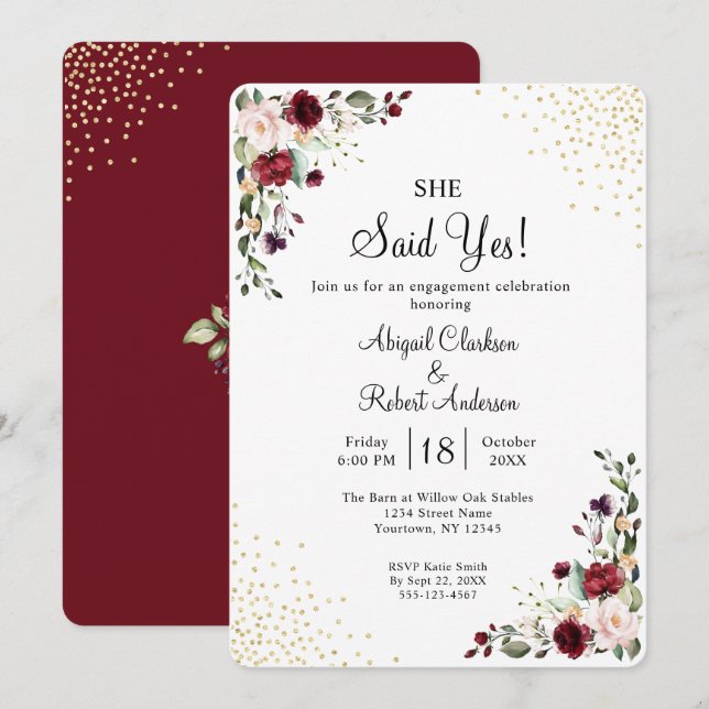 Burgundy Gold Foil She Said Yes Engagement Party Invitation (Front/Back)
