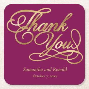 Burgundy & Gold Foil Thank You Calligraphy Wedding Square Paper Coaster