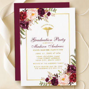 Burgundy Gold Frame Medical Grad Party Invitation