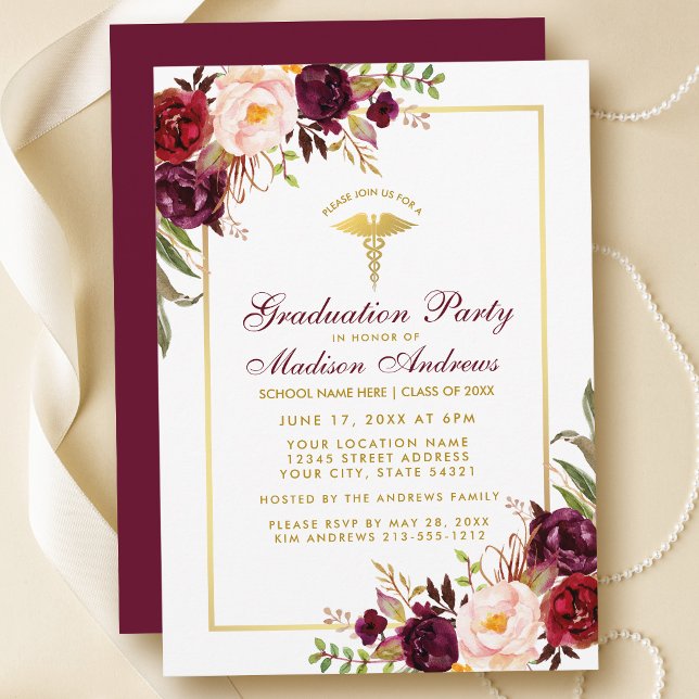 Burgundy Gold Frame Medical Grad Party Invitation (Customize to change text color, style, add text & photos to back or change color of back of card.)