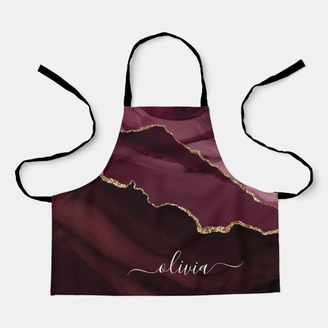 Burgundy Gold Geode Gold Monogram Apron (Front)