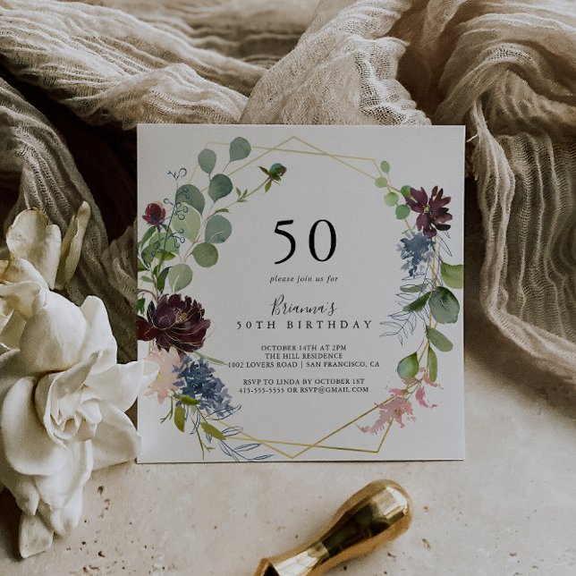 Burgundy Gold Geometric 50th Birthday Party Invitation (Creator Uploaded)