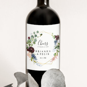 Burgundy Gold Geometric Cheers Wedding Wine Labels