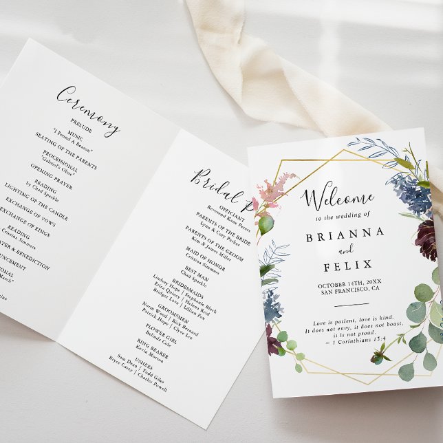 Burgundy Gold Geometric Folded Wedding Program (Creator Uploaded)