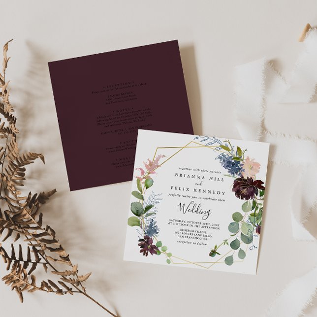 Burgundy Gold Geometric Front & Back Wedding Invitation (Creator Uploaded)