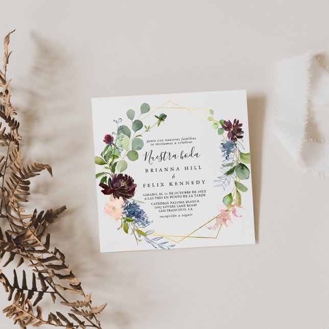 Burgundy Gold Geometric Nuestra Boda Wedding Invitation (Creator Uploaded)